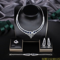 Blossom CS Jewelry 925 Silver Sapphire Blue & White Cubic Zirconia V Fringe Collar Bridal 4Pcs Jewelry Set