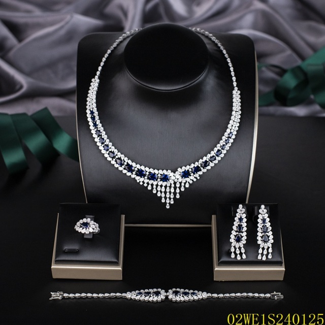 Blossom CS Jewelry 925 Silver Sapphire Blue & White Cubic Zirconia V Fringe Collar Bridal 4Pcs Jewelry Set