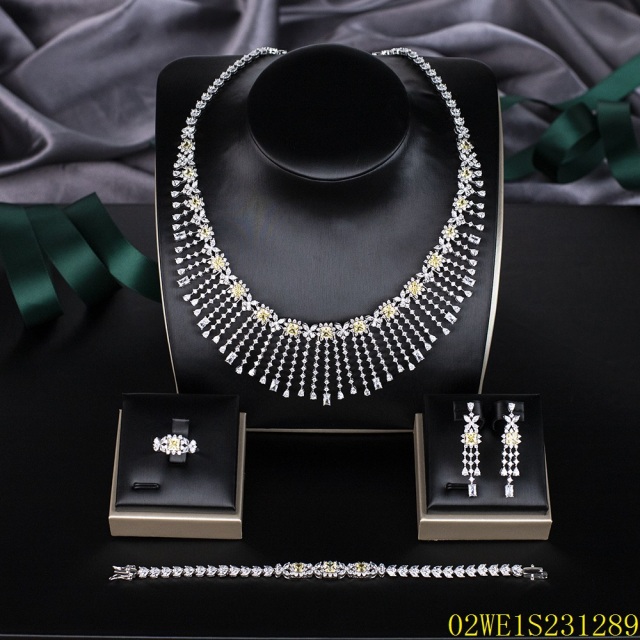 Blossom CS Jewelry 925 Silver Yellow & White Cubic Zirconia Multi-Row Tassel Collar Bridal 4Pcs Jewelry Set