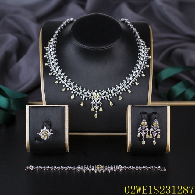 Blossom CS Jewelry 925 Silver Yellow & White Cubic Zirconia Crown Fringe Collar Bridal 4Pcs Jewelry Set