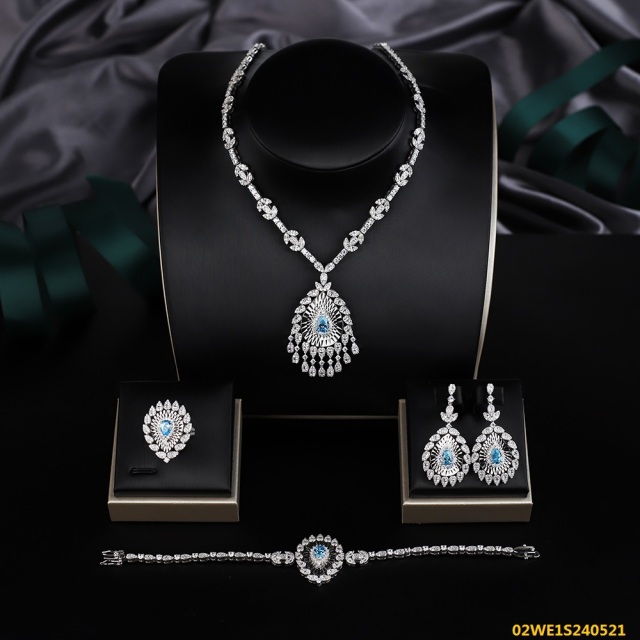 Blossom CS Jewelry 925 Silver Blue Cubic Zirconia Teardrop Tassel Bridal 4Pcs Jewelry Set