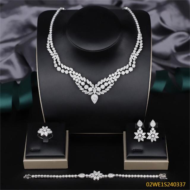 Blossom CS Jewelry 925 Silver White Cubic Zirconia V Floral Teardrop Bridal 4Pcs Jewelry Set