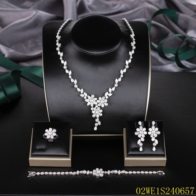 Blossom CS Jewelry 925 Silver Pearl Flower Cubic Zirconia Bridal 4Pcs Jewelry Set