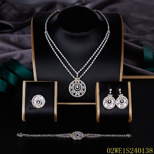 Blossom CS Jewelry 925 Silver White Cubic Zirconia Double Chain Circular Pendant Bridal 4Pcs Jewelry Set