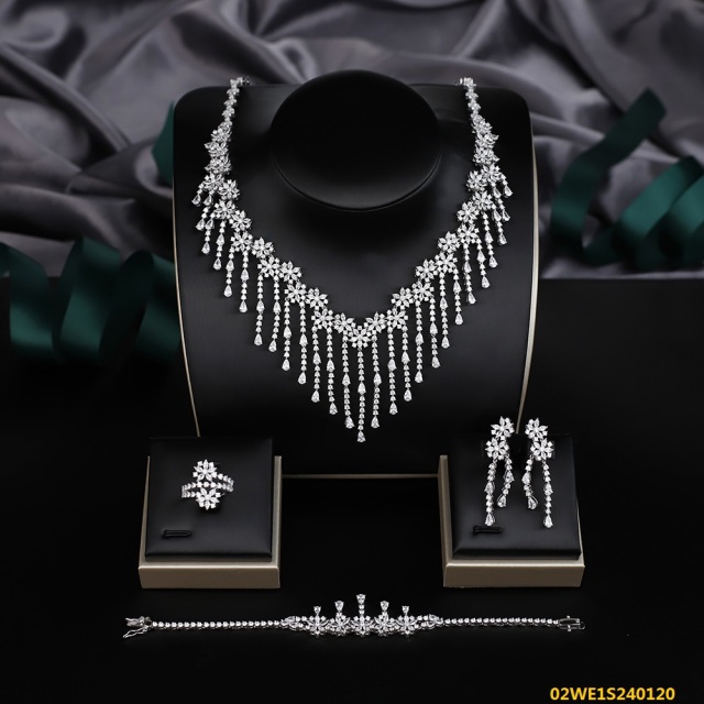 Blossom CS Jewelry 925 Silver White Cubic Zirconia Floral Fringe Bib Bridal 4Pcs Jewelry Set