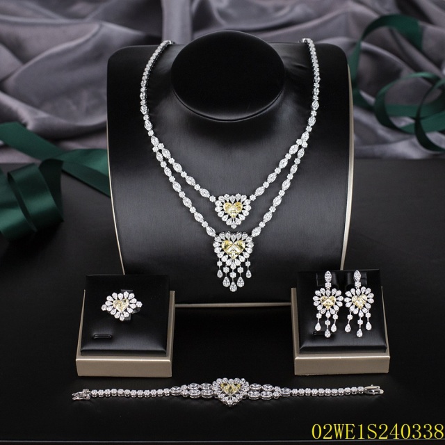Blossom CS Jewelry 925 Silver Yellow & White Cubic Zirconia Double Layer Heart Tassel Bridal 4Pcs Jewelry Set