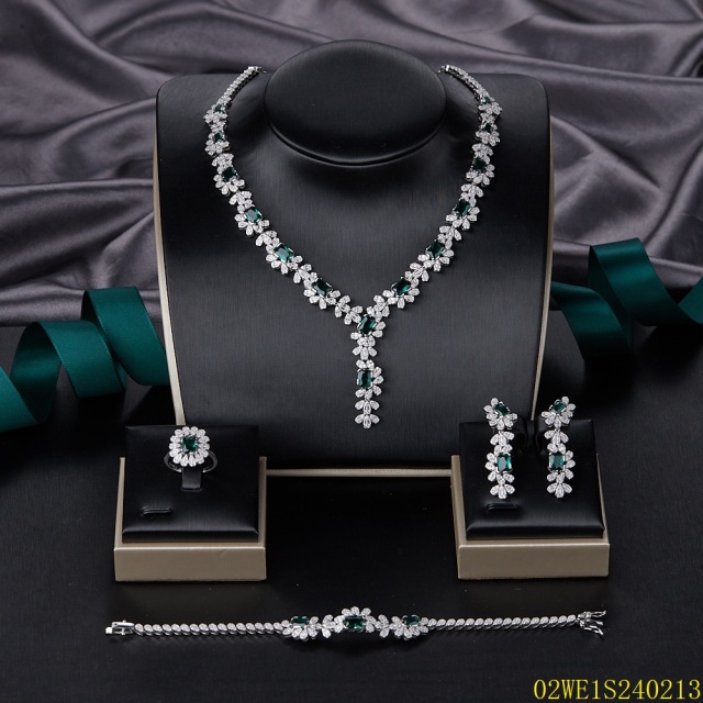 Blossom CS Jewelry 925 Silver Emerald Green & White Cubic Zirconia Rectangular Y Drop Bridal 4Pcs Jewelry Set