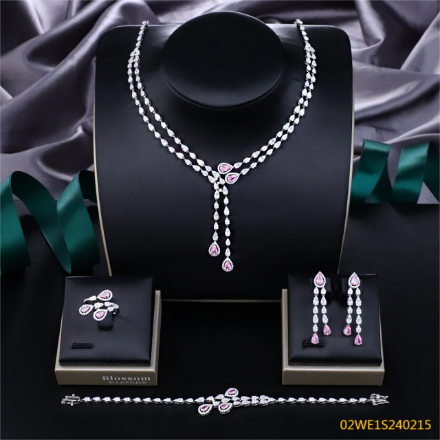 Blossom CS Jewelry 925 Silver Pink & White Cubic Zirconia Teardrop Double Layer Lariat Bridal 4Pcs Jewelry Set