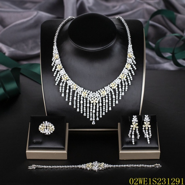 Blossom CS Jewelry 925 Silver Yellow & White Cubic Zirconia Floral Tassel V Bridal 4Pcs Jewelry Set