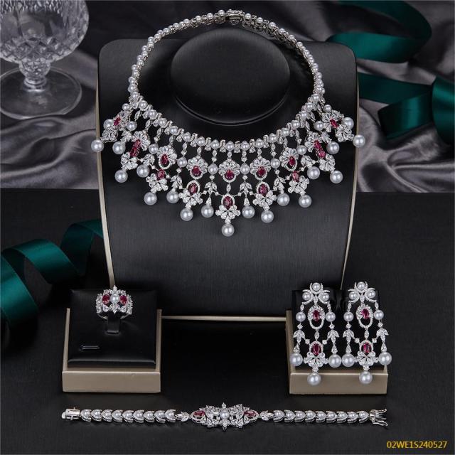 Blossom CS Jewelry 925 Silver Red Cubic Zirconia Pearl Bib Bridal 4Pcs Jewelry Set