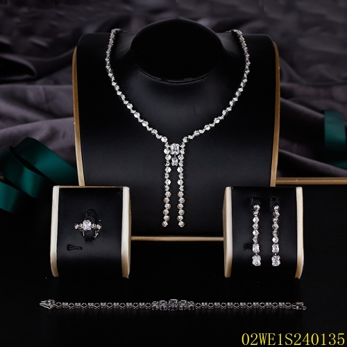 Blossom CS Jewelry 925 Silver White Cubic Zirconia Y Drop Multi Strand Tassel Bridal 4Pcs Jewelry Set