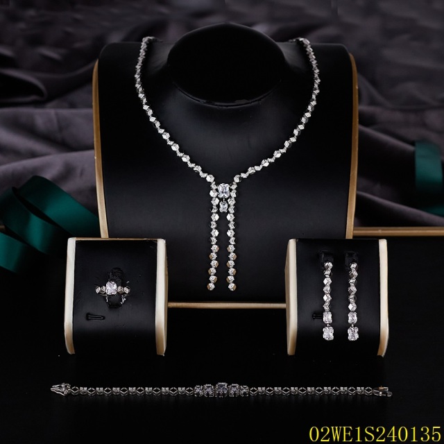 Blossom CS Jewelry 925 Silver White Cubic Zirconia Y Drop Multi Strand Tassel Bridal 4Pcs Jewelry Set