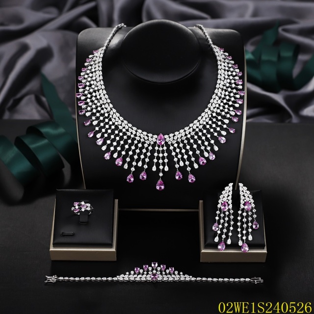 Blossom CS Jewelry 925 Silver Pink Cubic Zirconia Bib Teardrop Tassel Bridal 4Pcs Jewelry Set