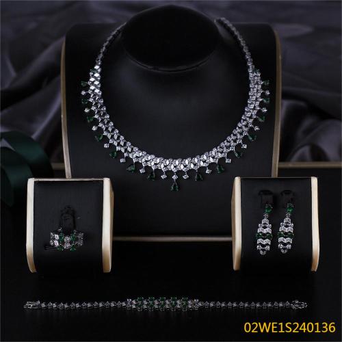 Blossom CS Jewelry 925 Silver Emerald Green & White Cubic Zirconia Teardrop Fringe Collar Bridal Jewelry Set