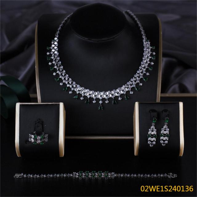 Blossom CS Jewelry 925 Silver Emerald Green & White Cubic Zirconia Teardrop Fringe Collar Bridal Jewelry Set