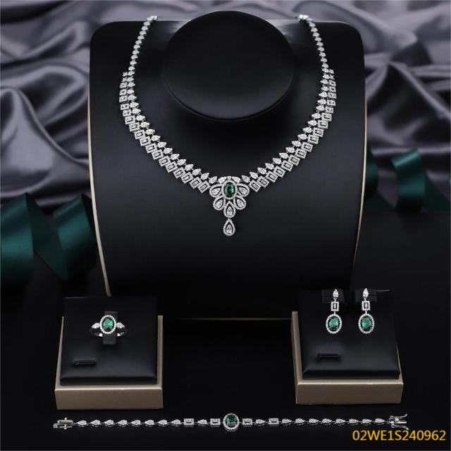 Blossom CS Jewelry 925 Silver Emerald Oval Baguette Cubic Zirconia Bridal 4Pcs Jewelry Set