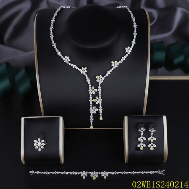 Blossom CS Jewelry 925 Silver Yellow & White Cubic Zirconia Multi-strand Floral Lariat Bridal 4Pcs Jewelry Set