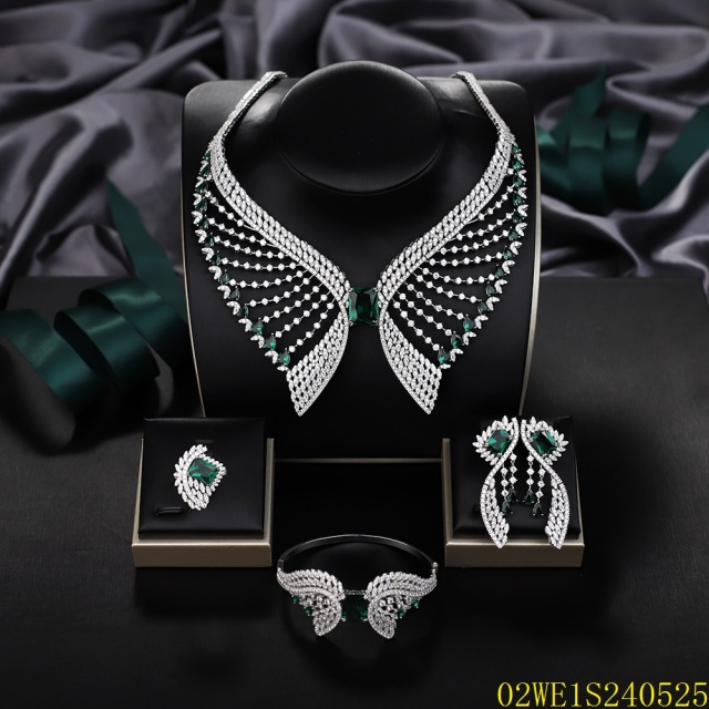 Blossom CS Jewelry 925 Silver Green Cubic Zirconia Wing Collar Bridal 4Pcs Jewelry Set