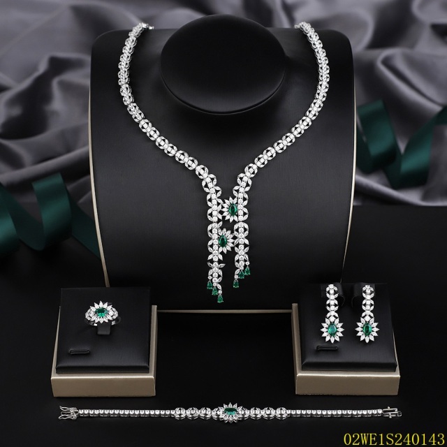 Blossom CS Jewelry 925 Silver Emerald Green & White Cubic Zirconia Double Tassel Y Drop Bridal 4Pcs Jewelry Set