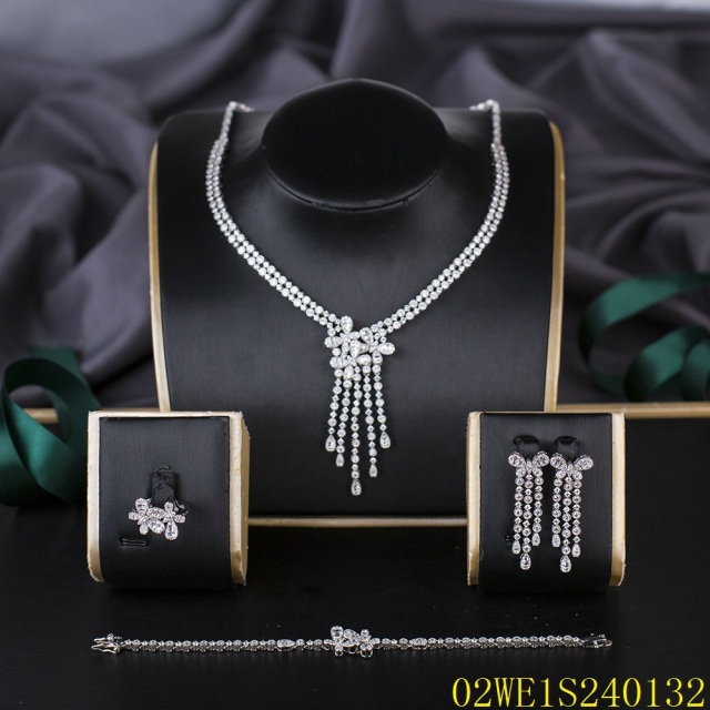 Blossom CS Jewelry 925 Silver White Cubic Zirconia Multi Tassel Fringe Drop Bridal 4Pcs Jewelry Set