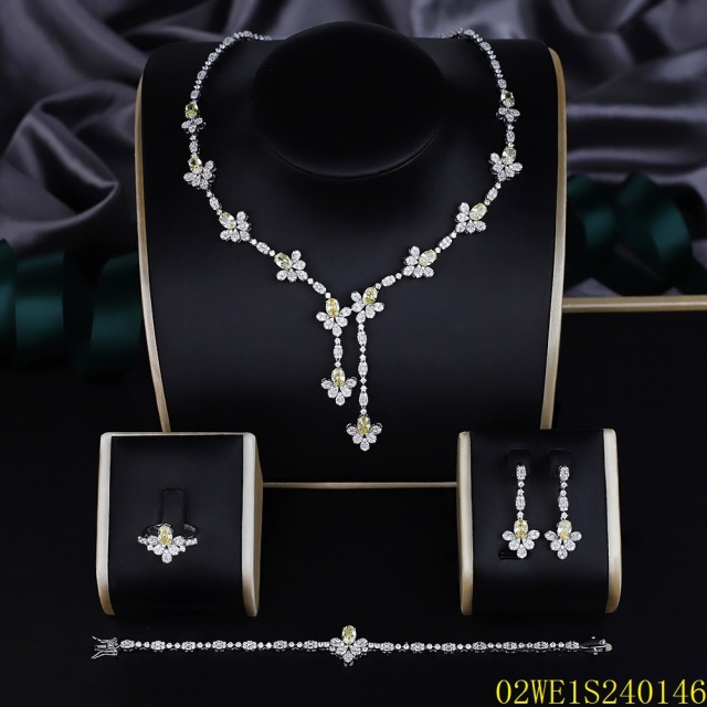 Blossom CS Jewelry 925 Silver Yellow & White Cubic Zirconia Floral Y Lariat Bridal 4Pcs Jewelry Set
