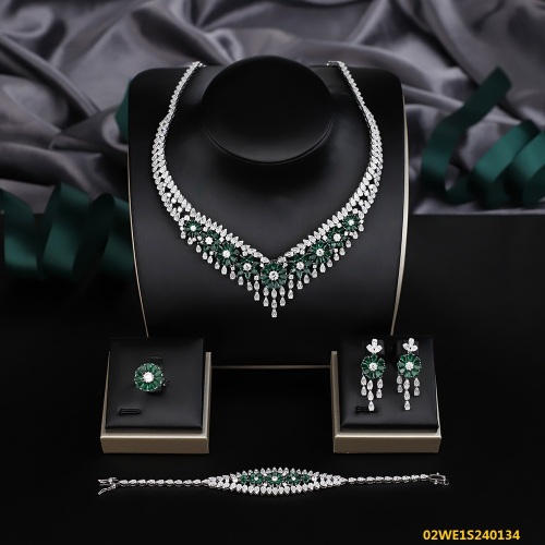 Blossom CS Jewelry 925 Silver Emerald Green & White Cubic Zirconia V Shape Floral Tassel Bridal 4Pcs Jewelry Set
