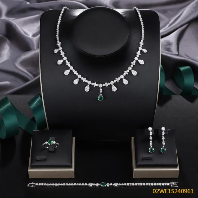 Blossom CS Jewelry 925 Silver Emerald Center Teardrop Cubic Zirconia Bridal 4Pcs Jewelry Set