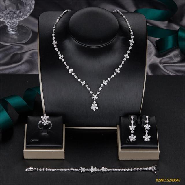 Blossom CS Jewelry 925 Silver Small Flower Cubic Zirconia Bridal 4Pcs Jewelry Set