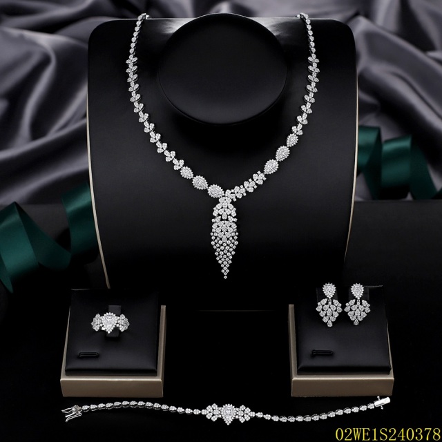 Blossom CS Jewelry 925 Silver White Cubic Zirconia Teardrop Cluster Long Tassel Bridal 4Pcs Jewelry Set