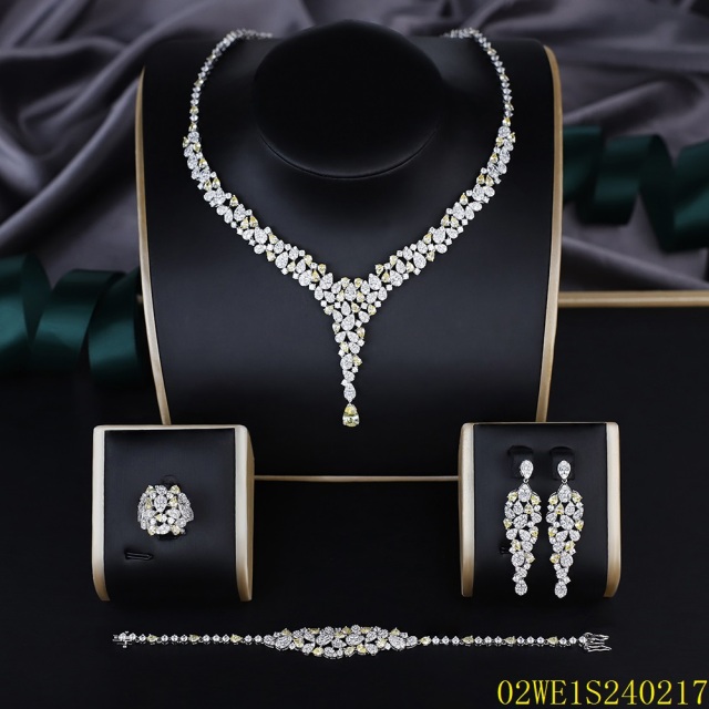 Blossom CS Jewelry 925 Silver Yellow & White Cubic Zirconia V Cluster Y Drop Bridal 4Pcs Jewelry Set