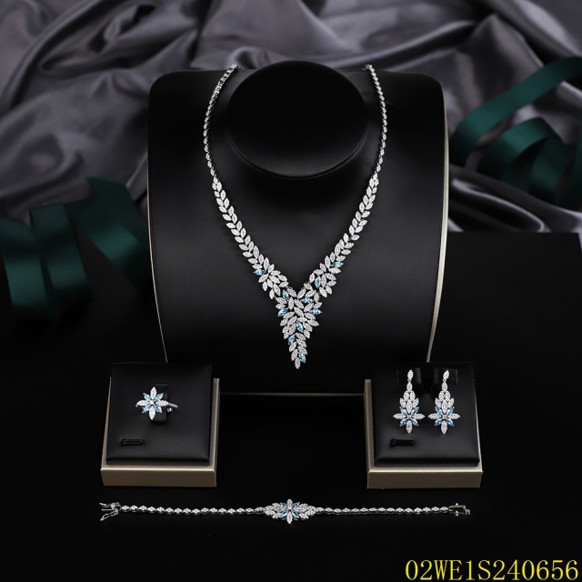 Blossom CS Jewelry 925 Silver Blue Leaf Cubic Zirconia Bridal 4Pcs Jewelry Set