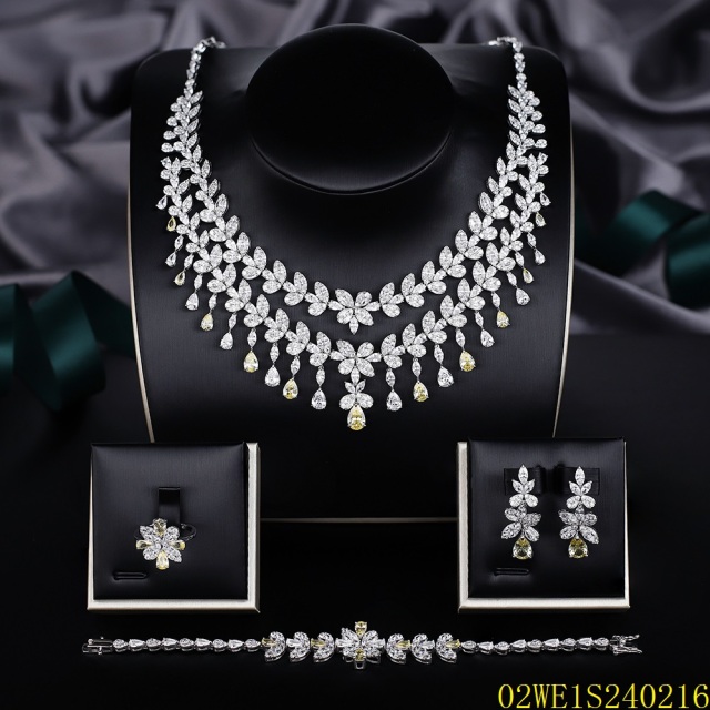 Blossom CS Jewelry 925 Silver Yellow & White Cubic Zirconia Floral Bib Bridal 4Pcs Jewelry Set