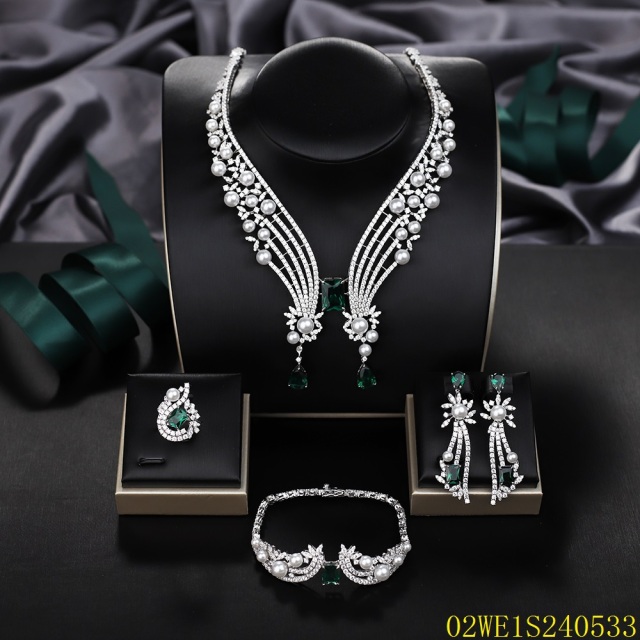 Blossom CS Jewelry 925 Silver Green Cubic Zirconia Pearl V Shape Bridal 4Pcs Jewelry Set