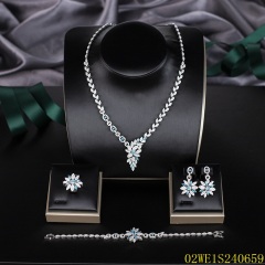 Blossom CS Jewelry 925 Silver Aqua Blue Floral Cubic Zirconia Bridal 4Pcs Jewelry Set