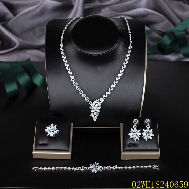 Blossom CS Jewelry 925 Silver Aqua Blue Floral Cubic Zirconia Bridal 4Pcs Jewelry Set