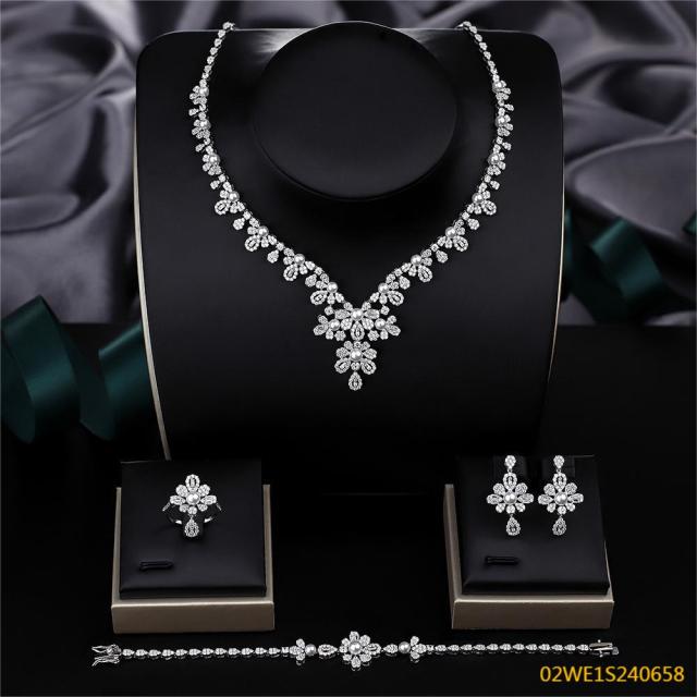 Blossom CS Jewelry 925 Silver Pearl Floral Cluster Cubic Zirconia Bridal 4Pcs Jewelry Set
