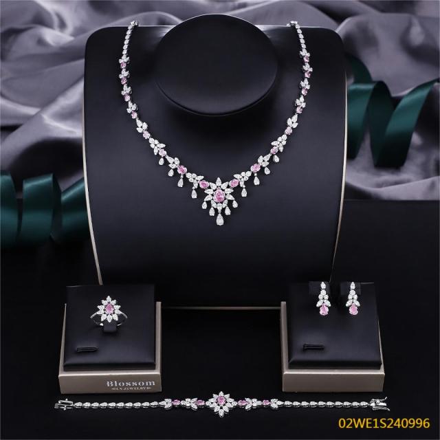 Blossom CS Jewelry 925 Silver Pink Cubic Zirconia Floral Bridal 4Pcs Jewelry Set