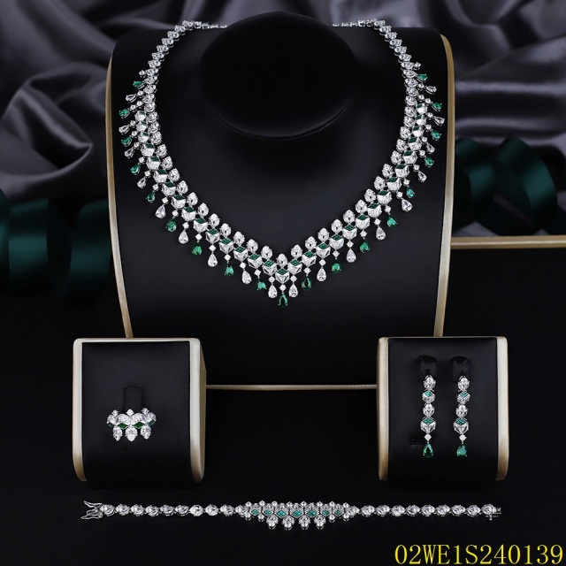 Blossom CS Jewelry 925 Silver Emerald Green & White Cubic Zirconia V Collar Fringe Bridal 4Pcs Jewelry Set