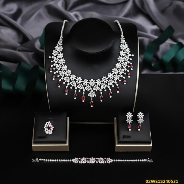 Blossom CS Jewelry 925 Silver Red Teardrop Cubic Zirconia Floral Bib Bridal 4Pcs Jewelry Set