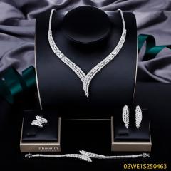 Blossom CS Jewelry 925 Silver Leaf V Shape Cubic Zirconia Bridal 4Pcs Jewelry Set