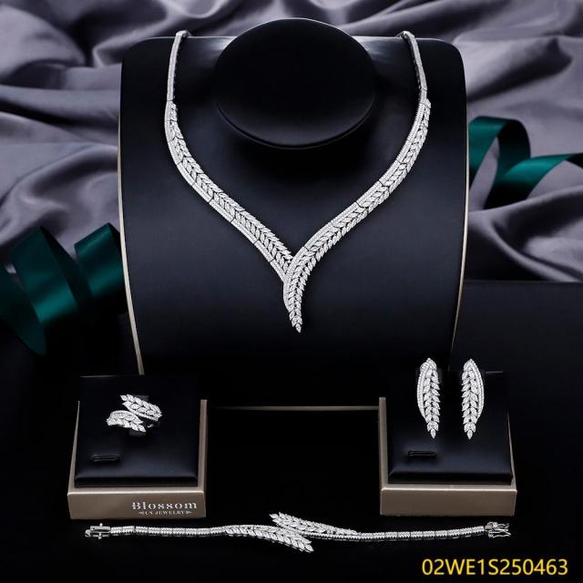 Blossom CS Jewelry 925 Silver Leaf V Shape Cubic Zirconia Bridal 4Pcs Jewelry Set