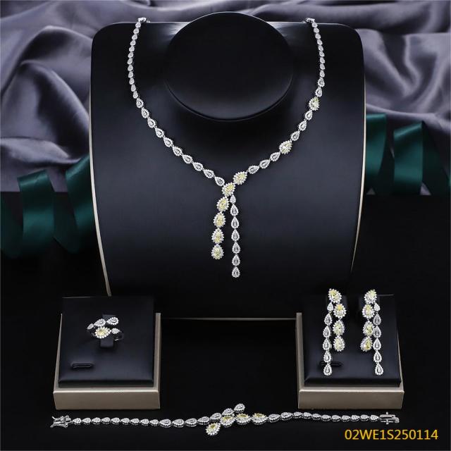 Blossom CS Jewelry 925 Silver Yellow & White Teardrop Y Shape Cubic Zirconia Bridal 4Pcs Jewelry Set