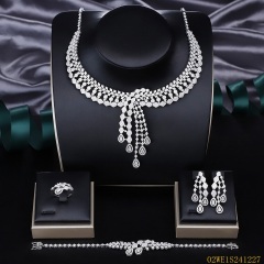 Blossom CS Jewelry 925 Silver Teardrop Pave Tassel Collar Cubic Zirconia Bridal 4Pcs Jewelry Set