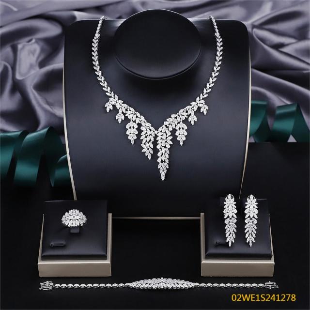 Blossom CS Jewelry 925 Silver Marquise Floral V Shape Cubic Zirconia Bridal 4Pcs Jewelry Set