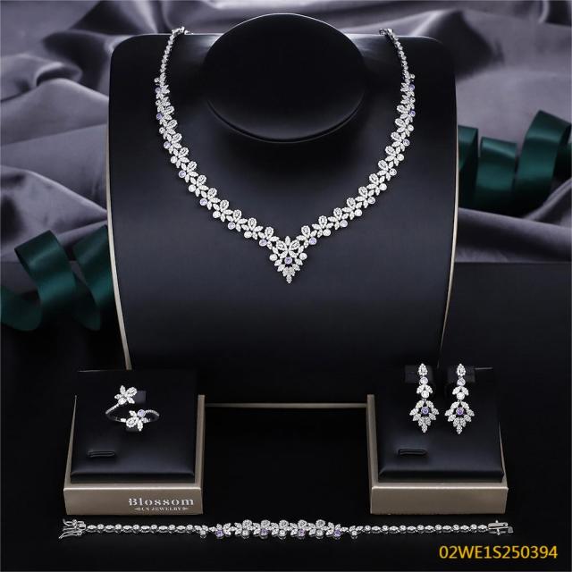Blossom CS Jewelry 925 Silver Purple Accent Floral V Shape Cubic Zirconia Bridal 4Pcs Jewelry Set
