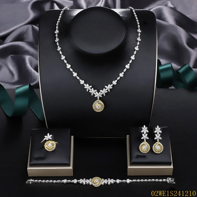 Blossom CS Jewelry 925 Silver Two-Tone Spiral Floral Cubic Zirconia Bridal 4Pcs Jewelry Set