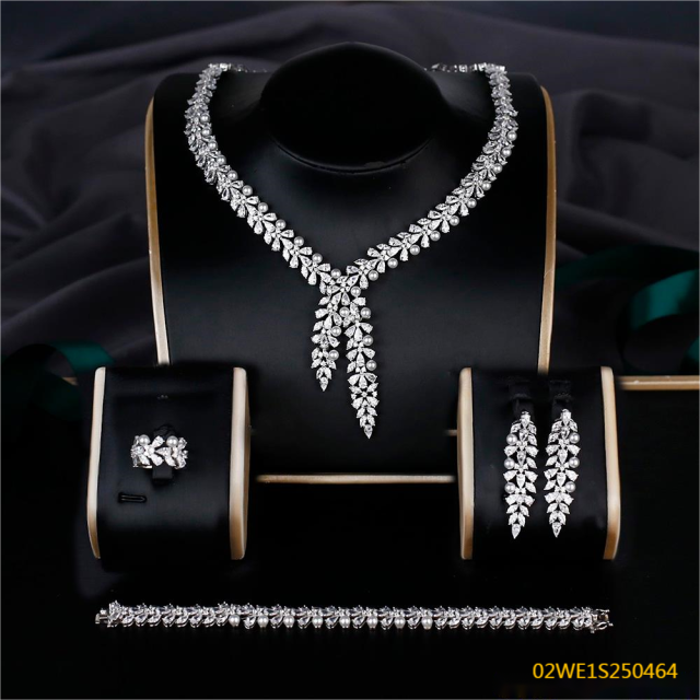Blossom CS Jewelry 925 Silver Pearl Accent Leaf Y Drop Cubic Zirconia Bridal 4Pcs Jewelry Set