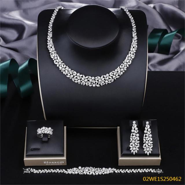 Blossom CS Jewelry 925 Silver Pearl Floral Collar Cubic Zirconia Bridal 4Pcs Jewelry Set