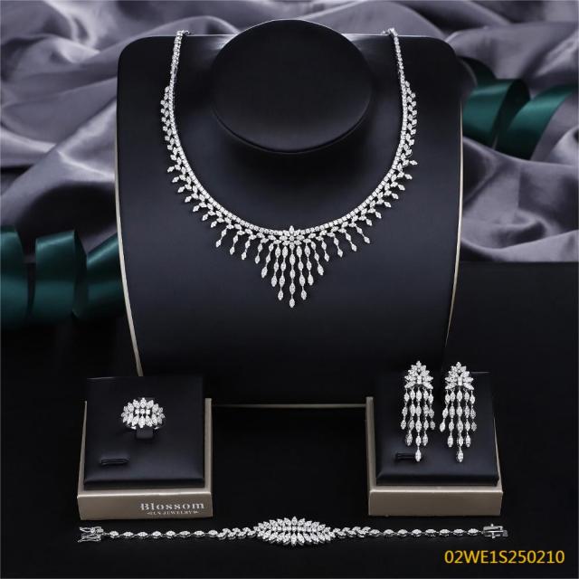 Blossom CS Jewelry 925 Silver Marquise Cut V Tassel Cubic Zirconia Bridal 4Pcs Jewelry Set