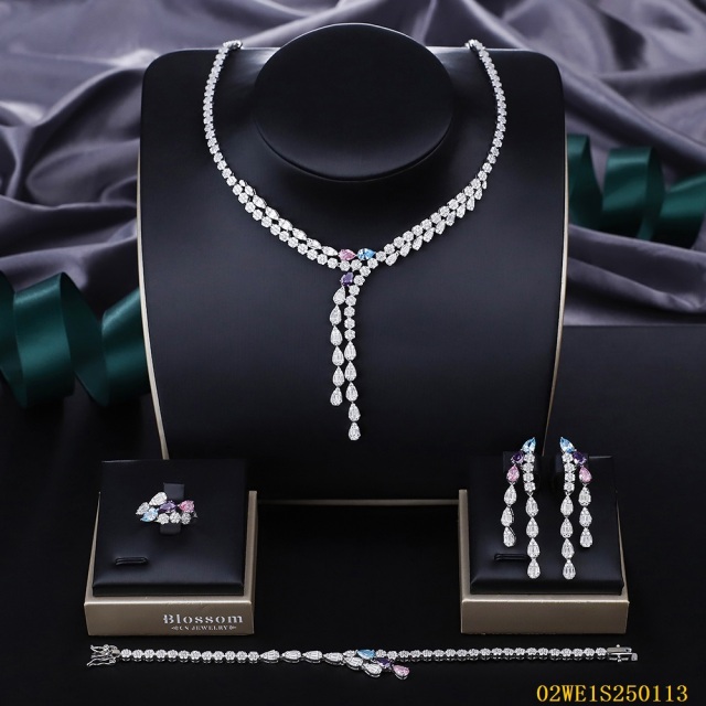 Blossom CS Jewelry 925 Silver Multi-Color Teardrop Y Shape Cubic Zirconia Bridal 4Pcs Jewelry Set